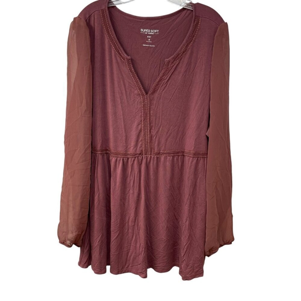 Torrid Babydoll Fabric Mix Super Soft Balloon Chiffon Sleeve Top Mauve Pink 4X - Picture 2 of 11